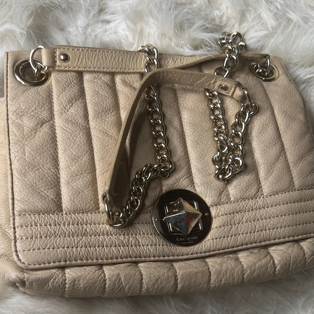 Kate Spade XL Nude Tan Beige Quilted Leather Shoulder Bag Chain Strap Crossbody